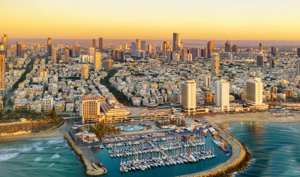 Aerial sun set view of Mediterranean Seashore of Tel Aviv