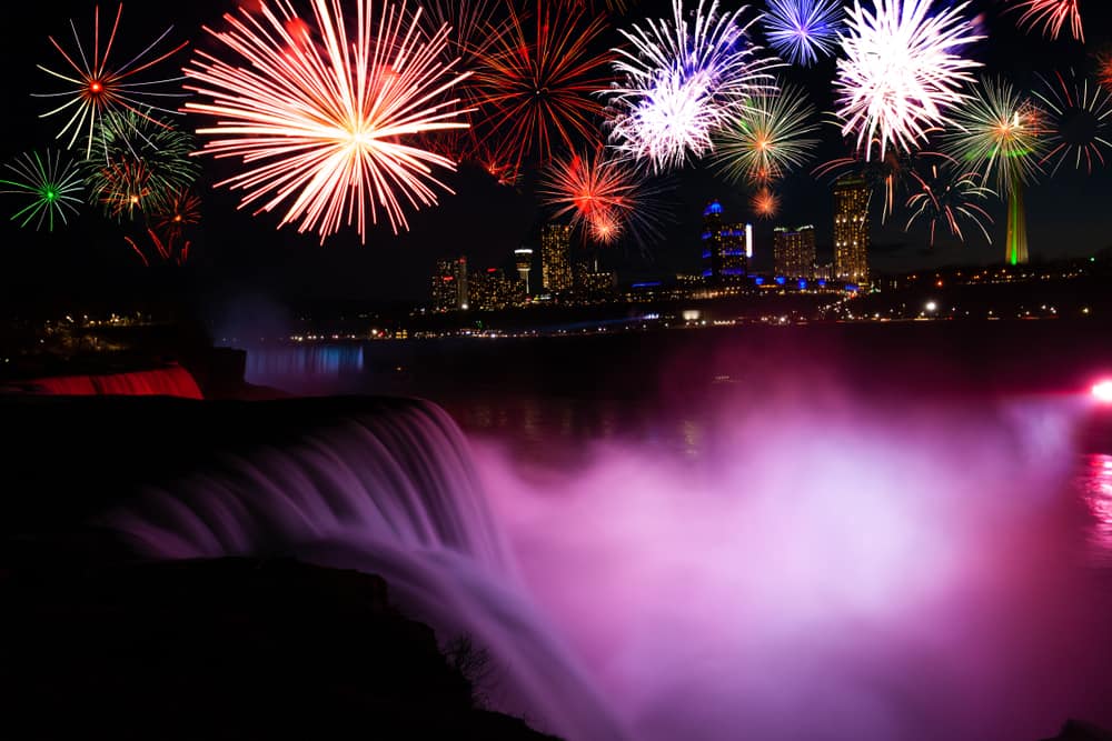 Niagara falls and fireworks celebration show USA